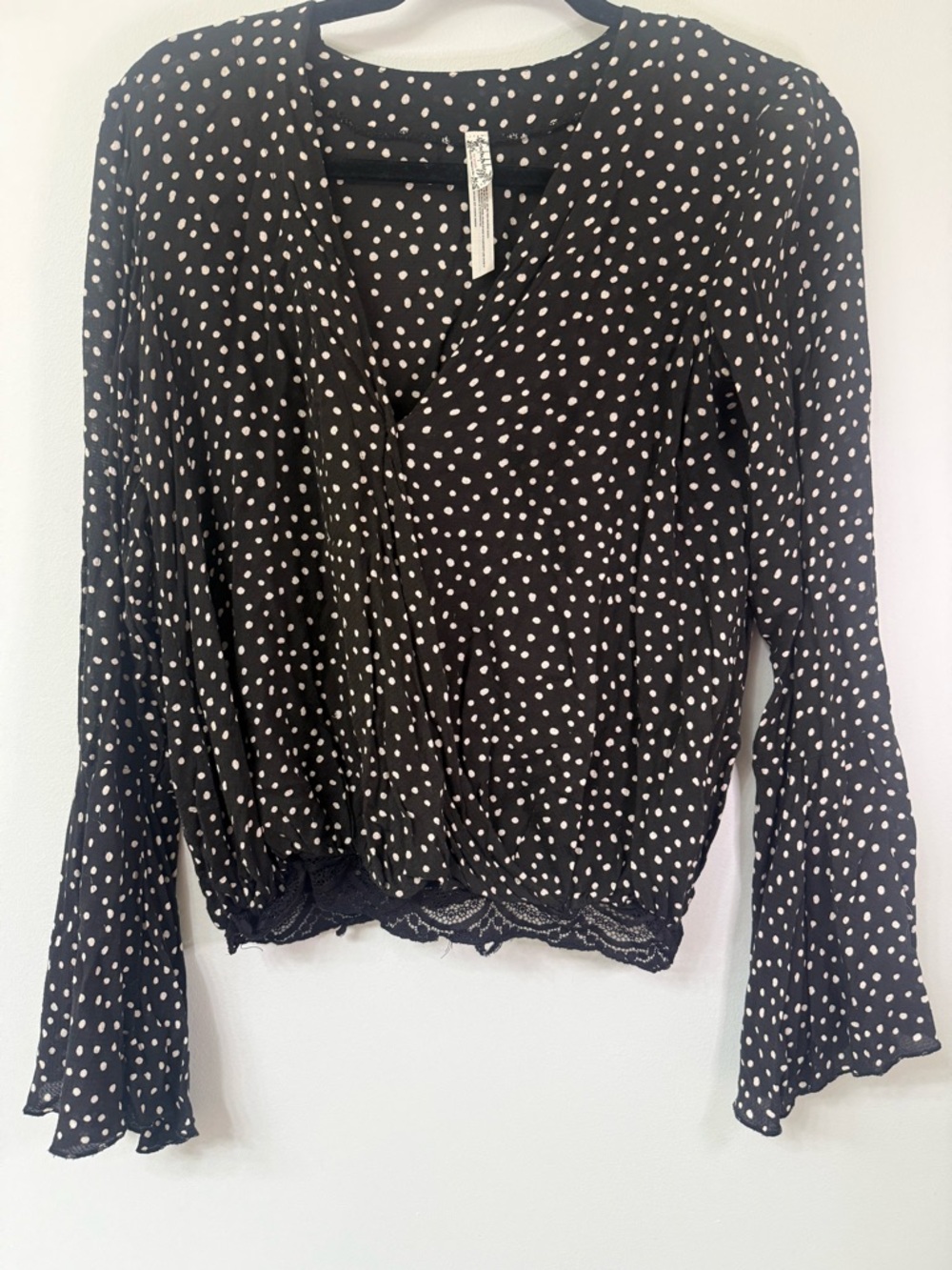 Free People Black and White Polka Dot Long Sleeve Blouse Women size Small